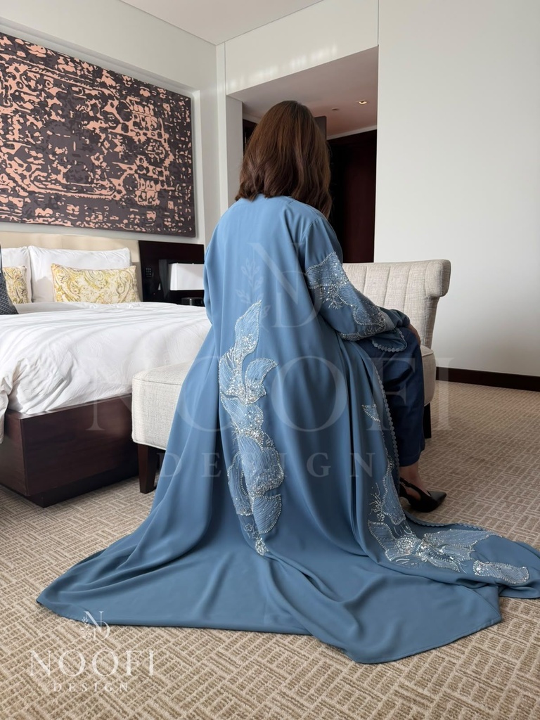 Denim-blue embroidered cape Abaya
