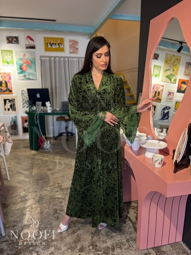 Green patterned velvet Abaya